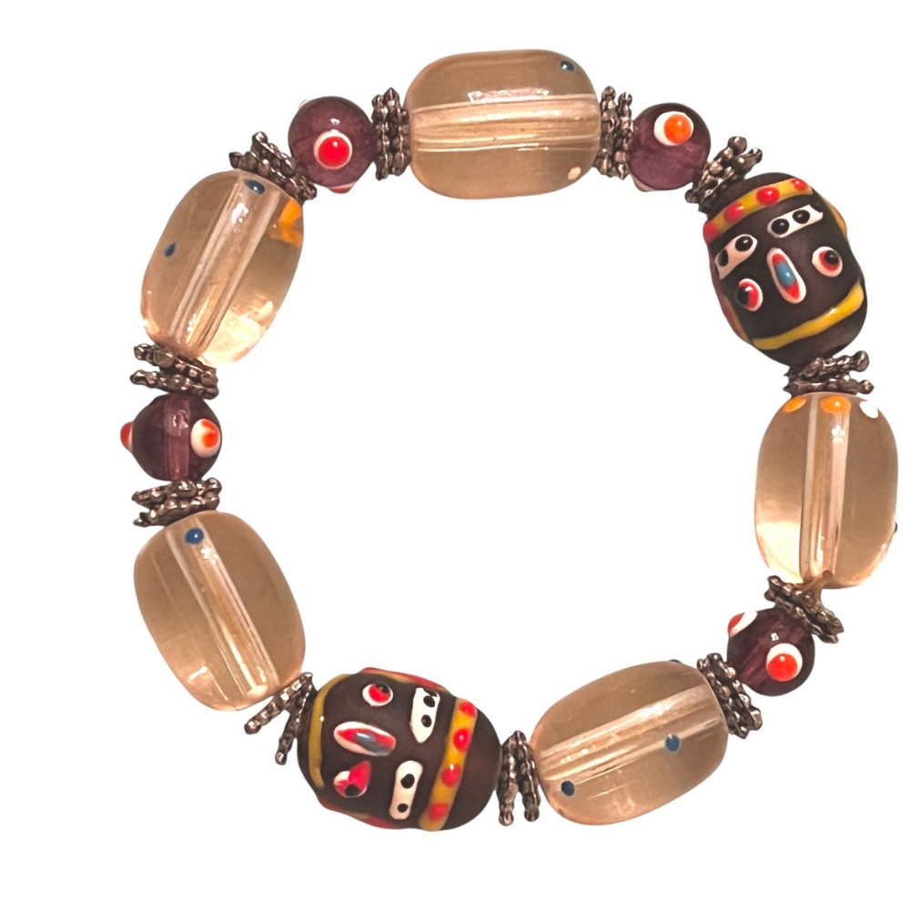 Vintage Face Trade Bead Stretch Bracelet Tribal Folk Art Jewelry Unisex